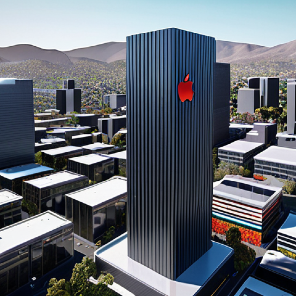 **

A futuristic cityscape where Apple's sleek designs meet Google's AI labs. Clean, minimalist buildings are interwoven with vibrant, experimental tech displays. Capture the contrast between Apple's refined aesthetic and Google's bold, exploratory approach. Highlight the tension and potential synergy of their innovation race.

**