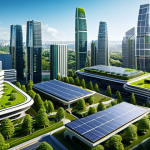 A breathtaking modern metropolitan cityscape, featuring towering skyscrapers seamlessly integrated with lush 'vertical forests' and extensive green rooftops. Buildings showcase visible rooftop solar panels and elements of a smart energy grid, radiating innovation. The urban environment is clean and vibrant under a clear sky, emphasizing a harmonious blend of advanced technology and natural elements. The scene conveys a futuristic and sustainable city, with a focus on architectural detail and environmental harmony. safe for work, appropriate content, fully clothed, professional, family-friendly.
