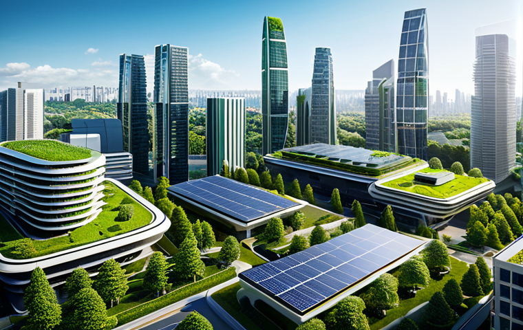 A breathtaking modern metropolitan cityscape, featuring towering skyscrapers seamlessly integrated with lush 'vertical forests' and extensive green rooftops. Buildings showcase visible rooftop solar panels and elements of a smart energy grid, radiating innovation. The urban environment is clean and vibrant under a clear sky, emphasizing a harmonious blend of advanced technology and natural elements. The scene conveys a futuristic and sustainable city, with a focus on architectural detail and environmental harmony. safe for work, appropriate content, fully clothed, professional, family-friendly.