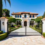 An opulent and majestic Mediterranean-style mansion, situated on a sprawling estate in the prestigious Beverly Hills. The architecture features intricate details, grand arches, and a terracotta roof, surrounded by meticulously manicured gardens with tall privacy hedges and an elegant security gate. A clear, sunny sky bathes the scene in bright light, emphasizing the luxurious and private atmosphere. This image embodies professional estate photography, showcasing perfect architectural lines, correct proportions, and high-quality construction. It is safe for work, appropriate content, and family-friendly.