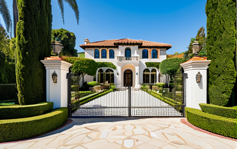 An opulent and majestic Mediterranean-style mansion, situated on a sprawling estate in the prestigious Beverly Hills. The architecture features intricate details, grand arches, and a terracotta roof, surrounded by meticulously manicured gardens with tall privacy hedges and an elegant security gate. A clear, sunny sky bathes the scene in bright light, emphasizing the luxurious and private atmosphere. This image embodies professional estate photography, showcasing perfect architectural lines, correct proportions, and high-quality construction. It is safe for work, appropriate content, and family-friendly.