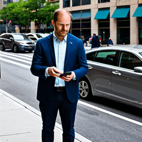 A professional adult, mid-shot, standing on a bustling American city street. Dressed in modern business casual attire, fully clothed, appropriate attire, modest clothing. In the foreground, the person holds a smartphone, its screen showing a vibrant mobile parking application interface with clear parking time and location details. Behind them, a typical US city street scene with parked cars, a classic American parking meter, and modern high-rise buildings in the background. The atmosphere is calm and efficient, indicating successful use of technology. High-resolution professional photography, perfect anatomy, correct proportions, natural pose, well-formed hands, proper finger count, natural body proportions, safe for work, appropriate content, family-friendly.