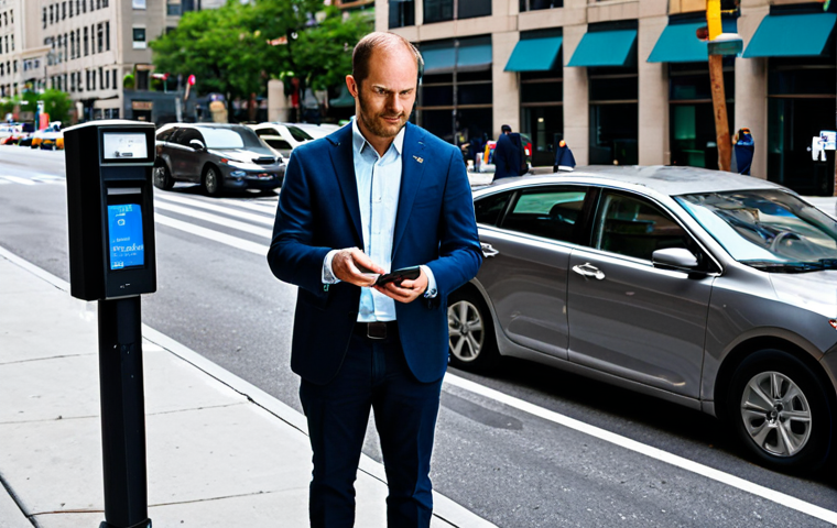 A professional adult, mid-shot, standing on a bustling American city street. Dressed in modern business casual attire, fully clothed, appropriate attire, modest clothing. In the foreground, the person holds a smartphone, its screen showing a vibrant mobile parking application interface with clear parking time and location details. Behind them, a typical US city street scene with parked cars, a classic American parking meter, and modern high-rise buildings in the background. The atmosphere is calm and efficient, indicating successful use of technology. High-resolution professional photography, perfect anatomy, correct proportions, natural pose, well-formed hands, proper finger count, natural body proportions, safe for work, appropriate content, family-friendly.