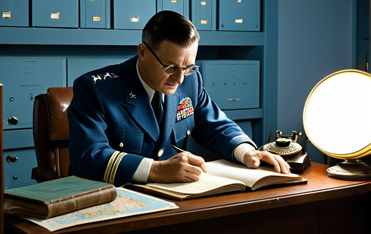 Project Blue Book Era**
"A 1950s-era American Air Force officer in a modest uniform, reviewing radar data in a dimly lit Project Blue Book office, filled with vintage computers and maps, fully clothed, appropriate attire, safe for work, perfect anatomy, natural proportions, historical photography, high quality, professional setting, modest environment."
**