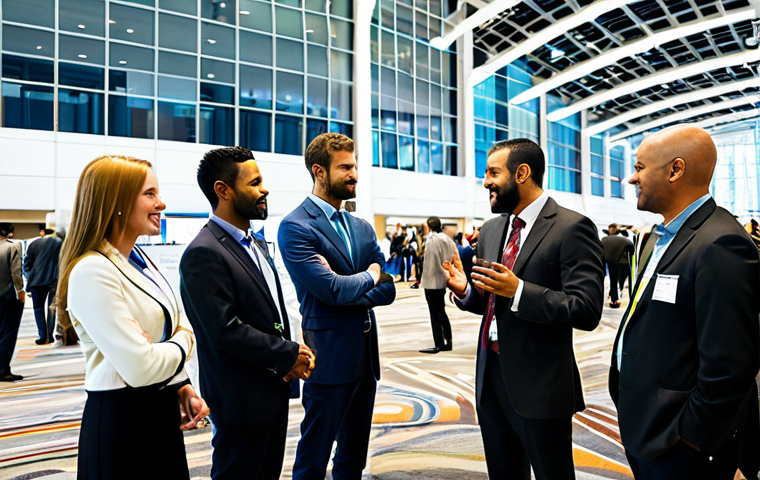 Professional Networking Event**
Prompt: "A diverse group of fully clothed professionals in modest business attire networking at a modern conference. Background features a brightly lit convention center with company booths and displays. Safe for work, appropriate content, professional setting, perfect anatomy, natural proportions, well-formed hands, proper finger count."
**