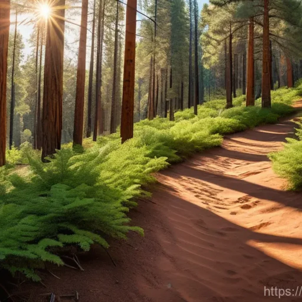 미국 도로명 유래 - **Prompt: "Navajo Trail in Arizona Forest"**
A wide-angle, serene landscape of a "Navajo Trail" ...